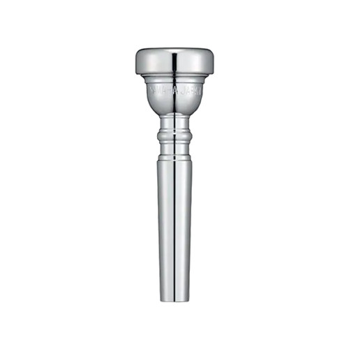 A silver Yamaha trumpet mouthpiece shown upright, featuring a rounded rim, engraved lettering on the cup, and a smooth tapered shank.