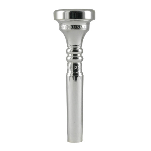 Front view of a silver-plated trumpet mouthpiece (Marcinkiewicz 5), showing the rim, cup, and shank against a white background.