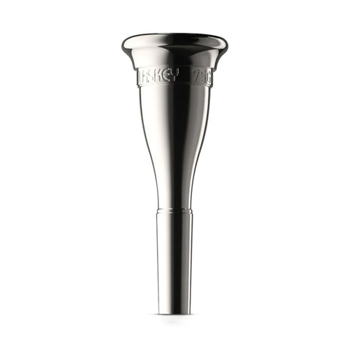 A silver Laskey 75G Horn Classic G‑Series mouthpiece shown upright, featuring a wide flared rim, engraved model marking near the top, and a smooth tapered shank.