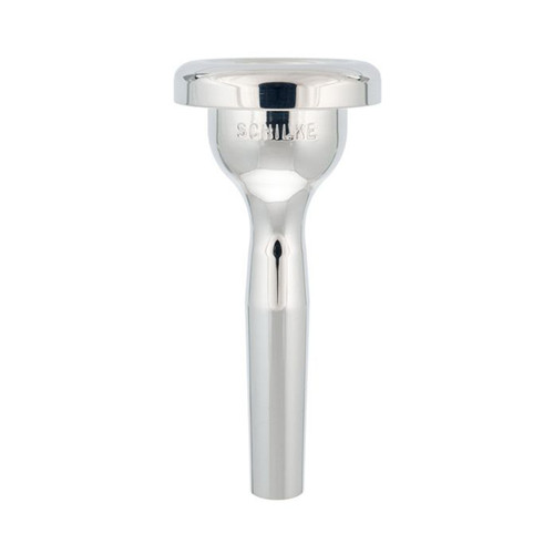 Silver Schilke Alex Iles trombone mouthpiece shown upright on a white background.