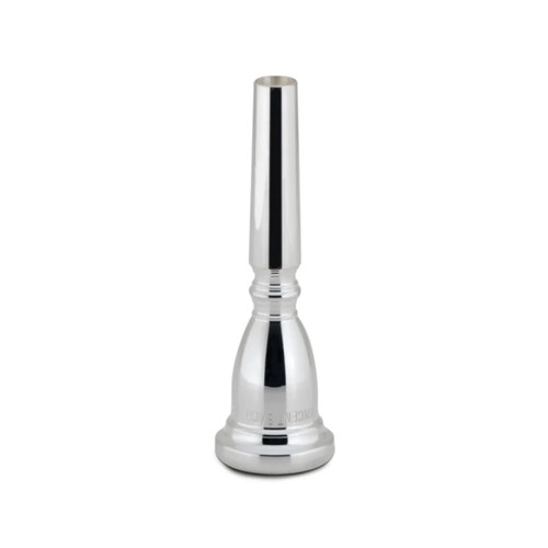 Silver Bach trumpet mouthpiece shown upright on a white background, with a polished finish and tapered shank.