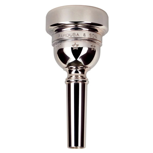 Silver Parduba trombone mouthpiece shown upright on a white background.