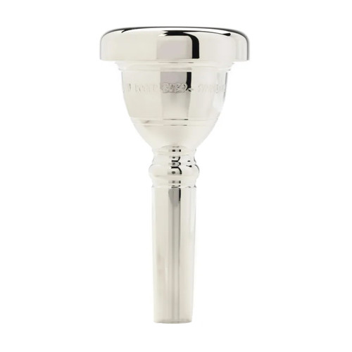 A silver Yamaha Roger Bobo Symphonic tuba mouthpiece shown upright, featuring a wide rounded rim, engraved model lettering, and a long-tapered shank.