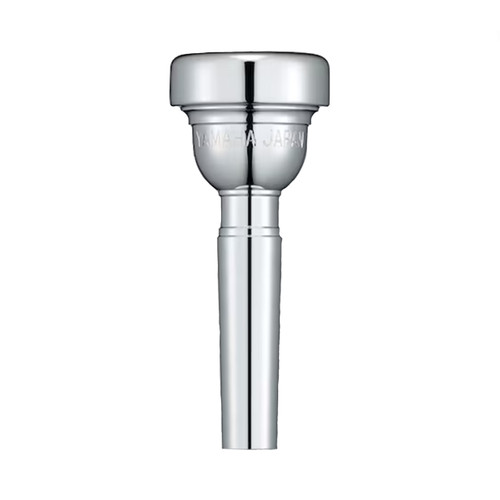 A silver Yamaha flugelhorn mouthpiece shown upright, featuring a rounded rim, engraved branding, and a smooth tapered shank.