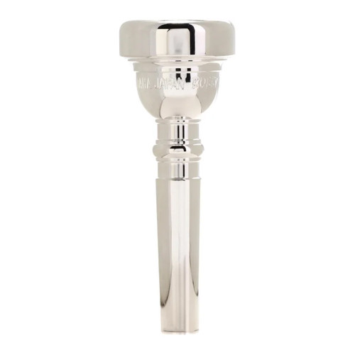 A silver Yamaha FH‑SHEW flugelhorn mouthpiece shown upright, featuring a rounded rim, engraved branding, and a smooth tapered shank.