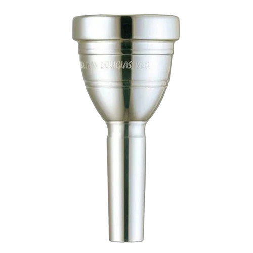 A silver Yamaha Doug Yeo Signature bass trombone mouthpiece shown upright, featuring a wide rim, deep cup with engraved markings, and a smooth tapered shank.
