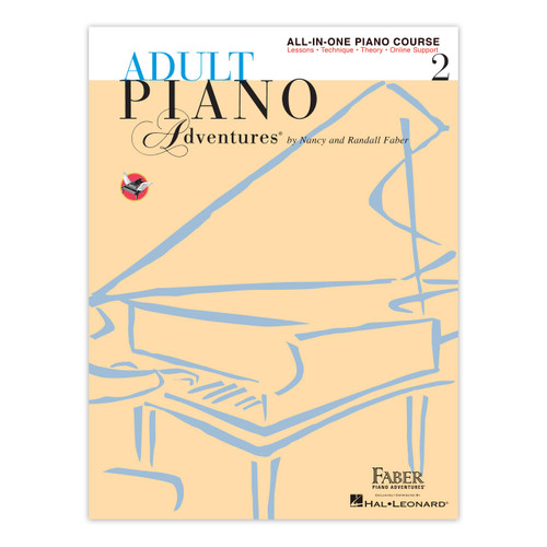 Adult Piano Adventures All‑in‑One Piano Course Book 2 cover featuring illustrated grand piano outline on a tan background with Faber Piano Adventures branding.