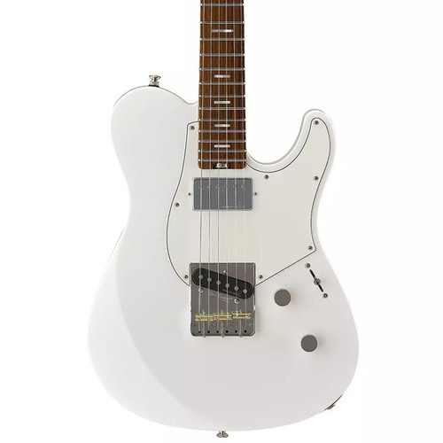 White electric guitar with a white pickguard, humbucker neck pickup, and single‑coil bridge pickup.