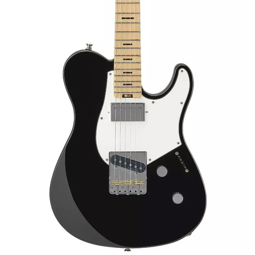 Black electric guitar with a white pickguard, humbucker neck pickup, and single‑coil bridge pickup.