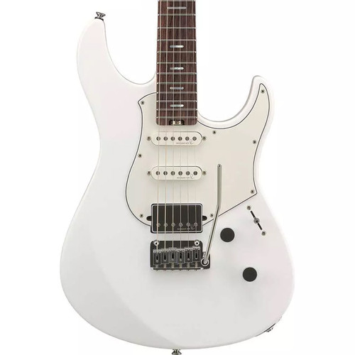 Front view of a white Yamaha electric guitar with white pickguard and three pickups.