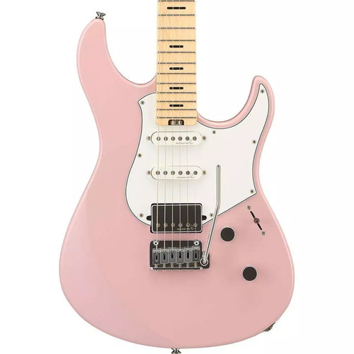 Front view of a light pink Yamaha electric guitar with white pickguard and three pickups.
