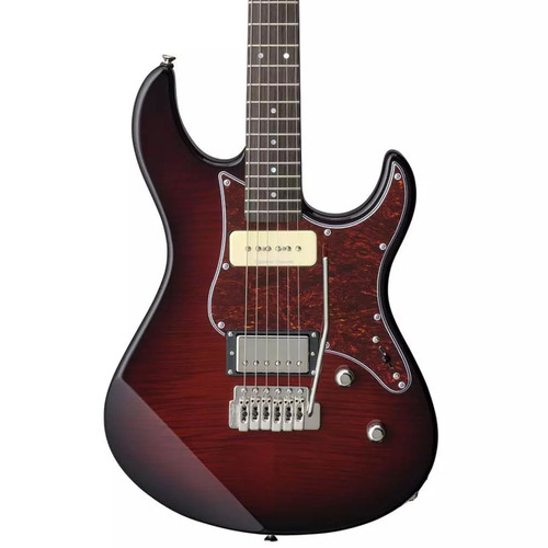 Front view of a dark red Yamaha electric guitar with a P‑90 neck pickup, humbucker bridge pickup, and tortoiseshell pickguard.