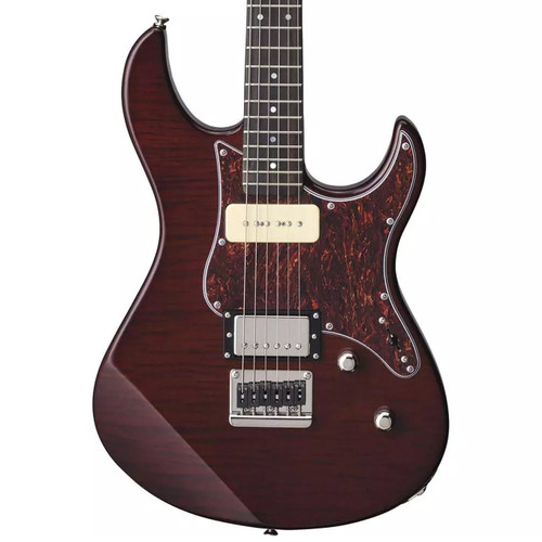Front view of a burgundy Yamaha electric guitar with a P‑90 neck pickup, humbucker bridge pickup, and tortoiseshell pickguard.