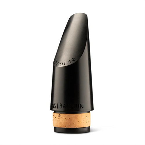 Black Backun Vocalise bass clarinet mouthpiece with cork tenon, shown in an angled front view.