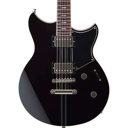 Front view of a black electric guitar with dual humbuckers, cream pickguard, and vertical racing stripes.