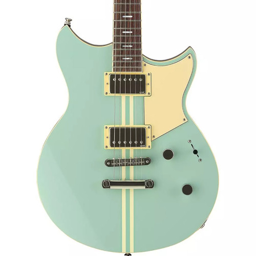 Front view of a light‑blue electric guitar with dual humbuckers, cream pickguard, and vertical racing stripes.