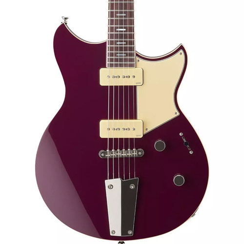 Front view of a burgundy electric guitar with two cream P‑90 pickups, cream pickguard, and a metal tailpiece.