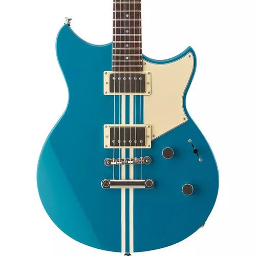 Front view of a blue electric guitar with two humbuckers, a white pickguard, and a stop‑tail bridge.