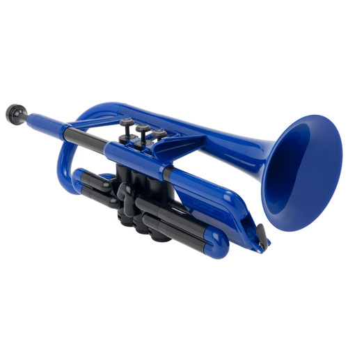 Blue plastic cornet with black valve section and tubing, shown at an angle.