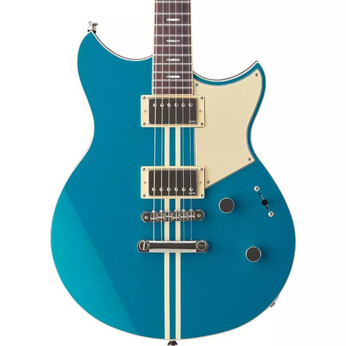 Front view of a Yamaha electric guitar in blue with centered, white racing stripes with two humbuckers and a black pickguard.