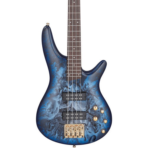 Front body view of a blue Ibanez electric bass with a swirling frozen‑matte finish, dual humbuckers, and gold hardware.