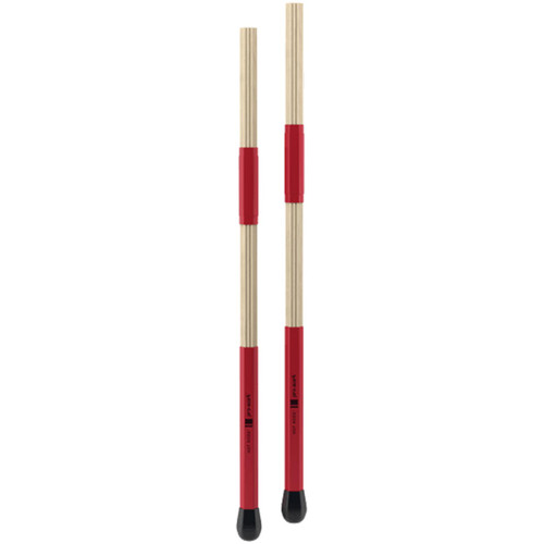 Two red-handled drumsticks with black tips against a white background.