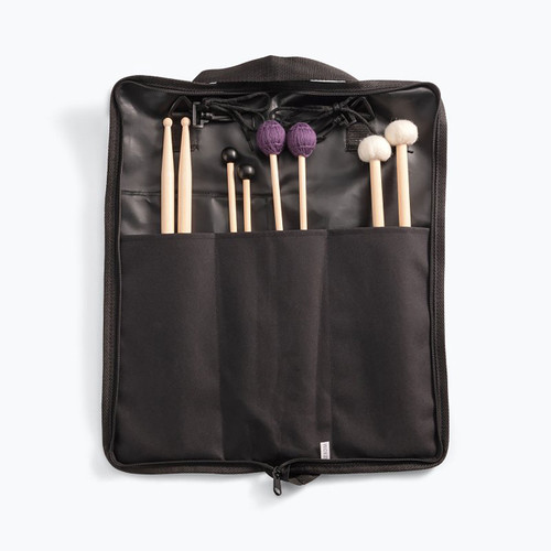 An open black nylon mallet bag revealing four pairs of drumsticks and mallets tucked into its internal pockets: wood-tip drumsticks, small black hard-head mallets, purple yarn mallets, and white felt mallets.
