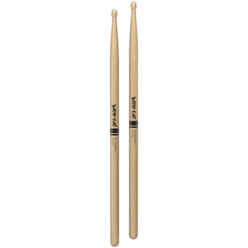 Two Pro-Mark drumsticks with wood tips standing upright against a white background.