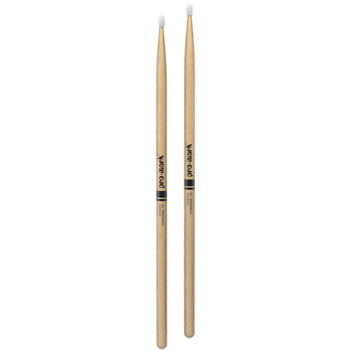 Two Pro-Mark Hickory drumsticks with nylon tips standing upright against a white background.