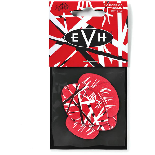 A pack of six red EVH guitar picks with a black background and white lightning bolt design.