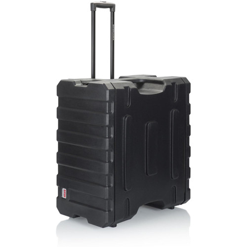 A black Gator Pro Series rolling rack case with a handle on top.