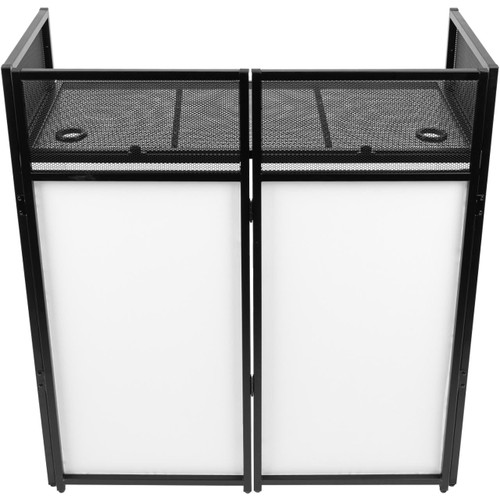A black collapsible DJ facade with mesh panels and a carrying bag attached.