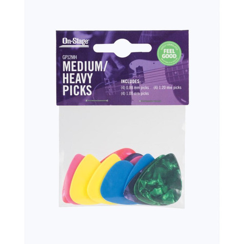 A package of colorful medium/heavy guitar picks from On-Stage.