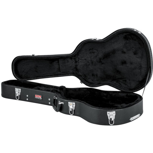 An open black guitar case with silver latches against a white background.