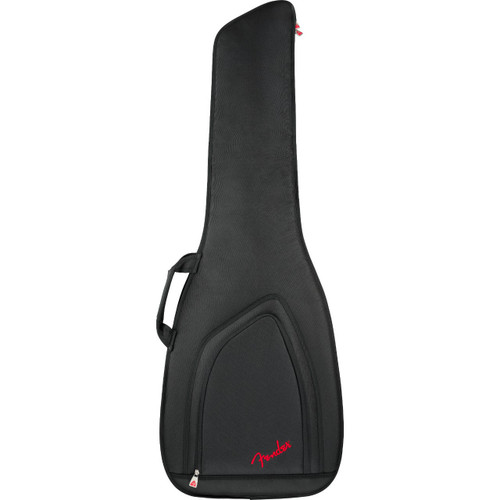 A black Fender bass guitar gig bag with red logo, shown from the front.