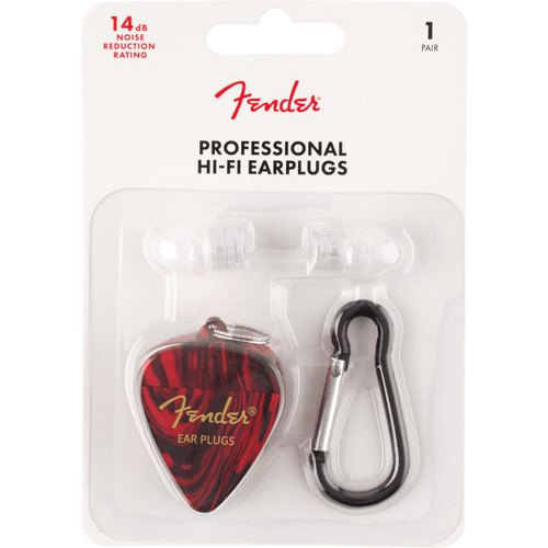Fender Professional Hi-Fi earplugs in packaging with a pick-shaped keychain case.
