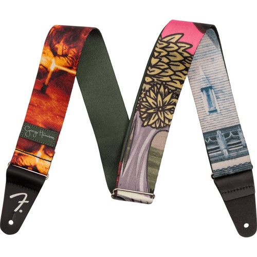 Three guitar straps with unique designs featuring floral patterns and a portrait, displayed against a white background.