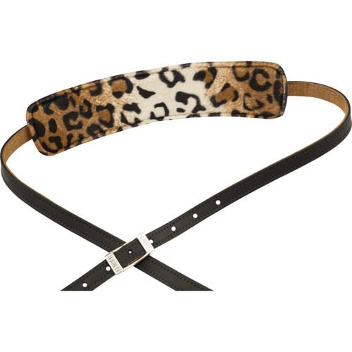 A black leather guitar strap with a tan leopard print backrest.