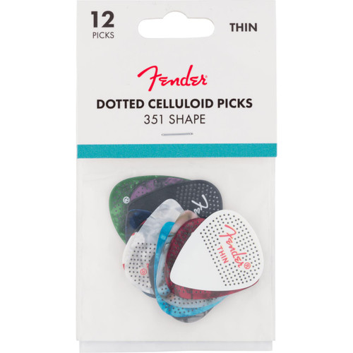 A package of Fender thin guitar picks with colorful dotted celluloid designs.
