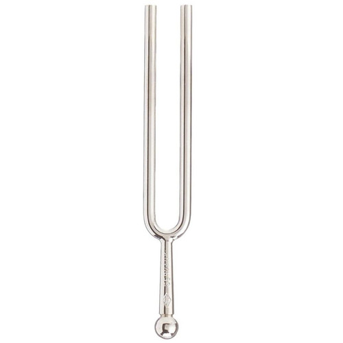 A close-up of a silver tuning fork with a ball at one end against a white background.