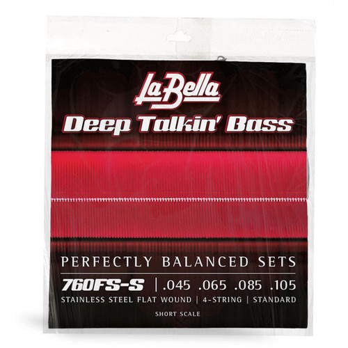 A package of LaBella Deep Talkin' Bass guitar strings with red flatwound stainless steel strings visible through clear plastic packaging.