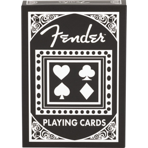 A black deck of playing cards with white symbols and "Fender" logo on a white background.