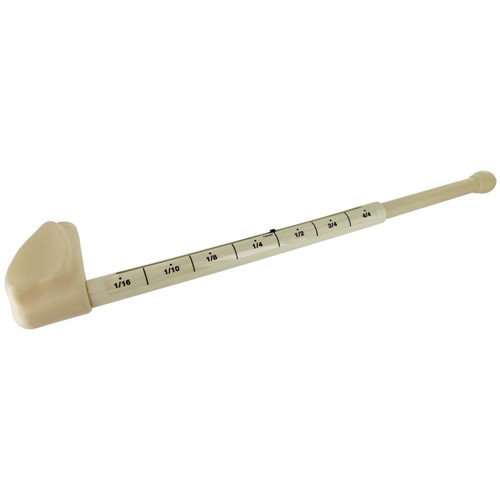 A beige violin arm length measuring device with numbered markings from 1/16 to 4/4 against a white background.