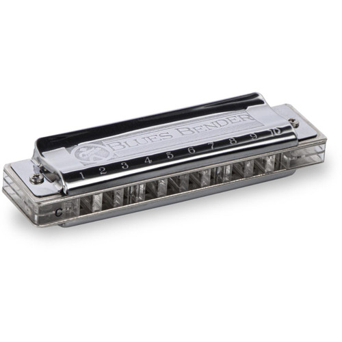 A close-up of a silver harmonica with "Blues Bender" engraved on it, showing all 10 holes and keys.