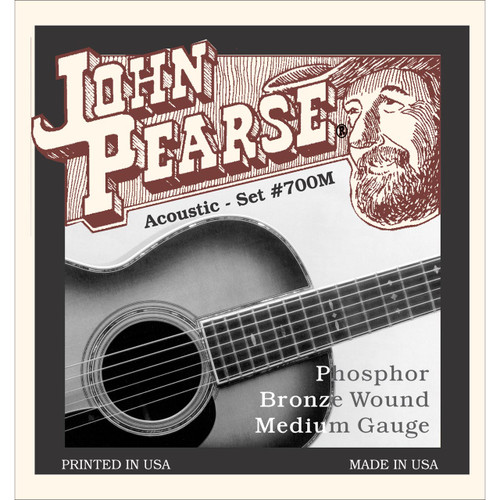 A John Pearse acoustic guitar string package with a black-and-white guitar illustration and text details.