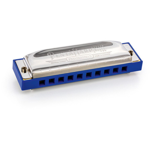 A blue Hohner PentaHarp harmonica with silver accents on a white background.