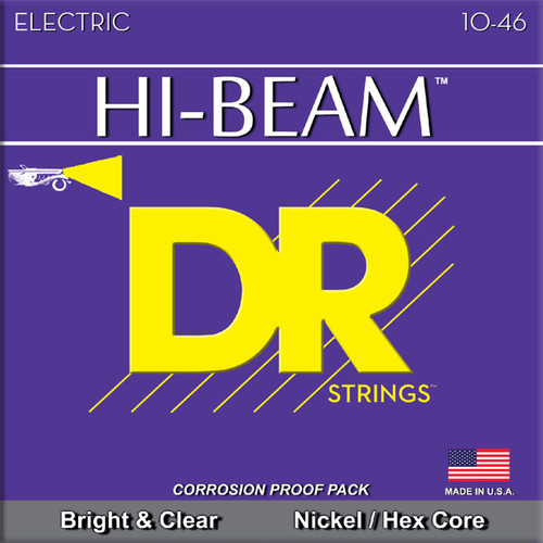 A close-up of DR Strings Hi-Beam electric guitar strings packaging with purple background and yellow text highlighting features like "Bright & Clear" and "Nickel / Hex Core."