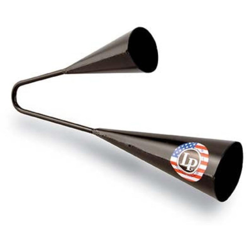 Two black agogo bells with an American flag sticker on one, resting against a white background.