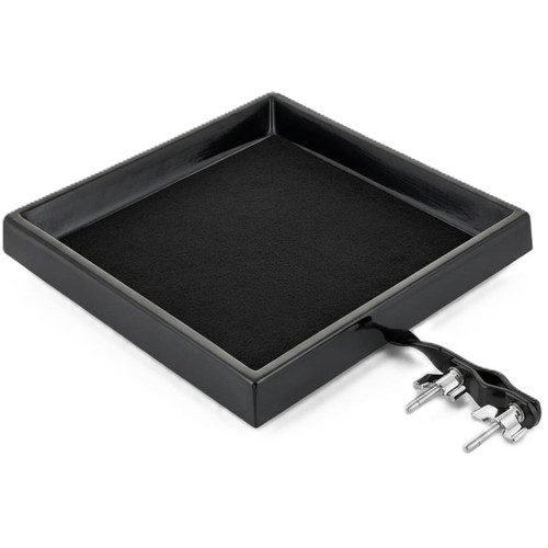 A black Gibraltar accessory tray with clamp on a white background.