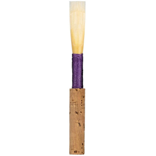 A Jones Artist oboe reed with purple thread wrapped around its cork ferrule against a plain background.